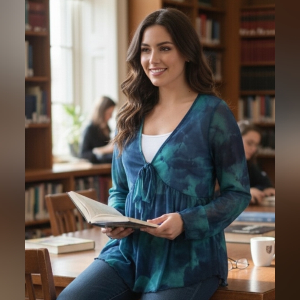 SHEIN Tie-Dye Blue and Green Blouse